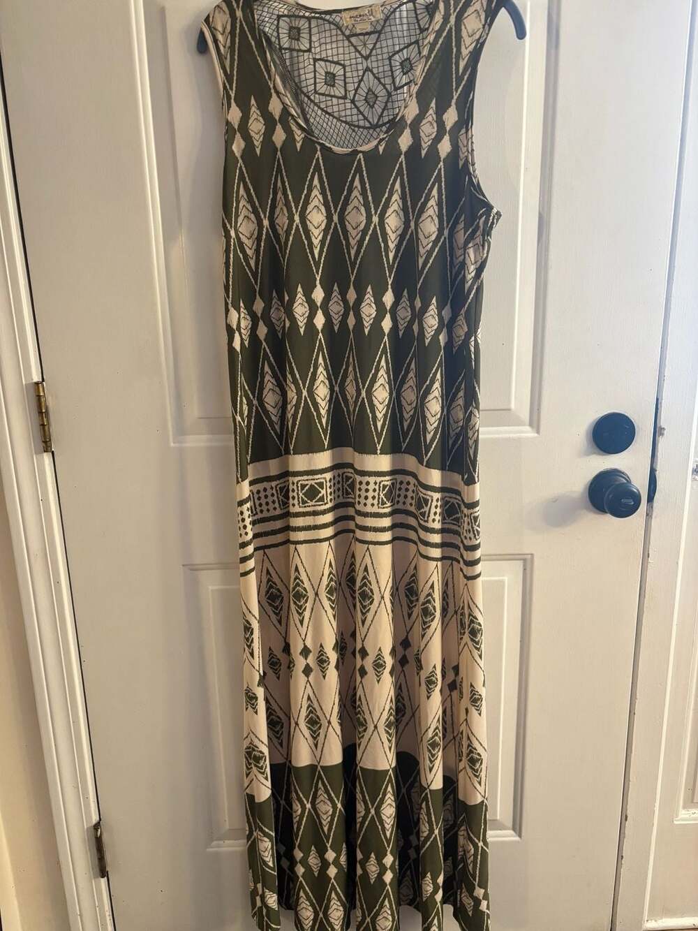 One World Olive Green and Cream Tribal Print Sleeveless Maxi Dress with Crochet